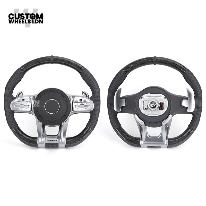 Mercedes Custom Steering Wheel | AMG Style Carbon & Leather | Full Black with Silver Trim | Complete Retrofit for Older Models | Fits W204 W212 W218 + more