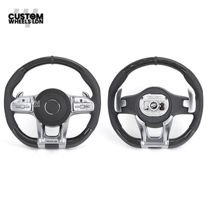 Mercedes Custom Steering Wheel | AMG Style Carbon & Leather | Full Black with Silver Trim | Complete Retrofit for Older Models | Fits W204 W212 W218 + more