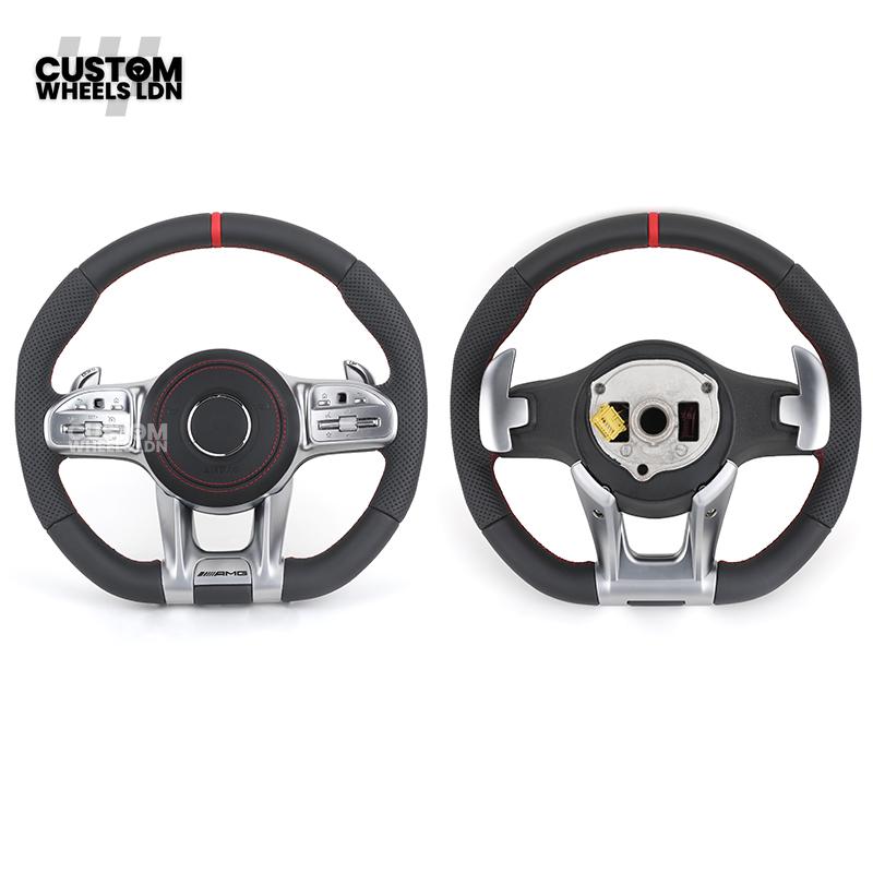 Mercedes Custom AMG Flat Bottom Steering Wheel – Black Leather, Red Stitching, Red Stripe, Silver Trim, Touch Buttons, Silver Paddles, AMG Badge | Fits C-Class, E-Class, CLS, GLC, GLE, G-Class + more | Plug & Play | Retrofit Upgrade for Older Models