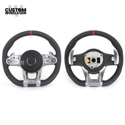 Mercedes Custom AMG Flat Bottom Steering Wheel – Black Leather, Red Stitching, Red Stripe, Silver Trim, Touch Buttons, Silver Paddles, AMG Badge | Fits C-Class, E-Class, CLS, GLC, GLE, G-Class + more | Plug & Play | Retrofit Upgrade for Older Models