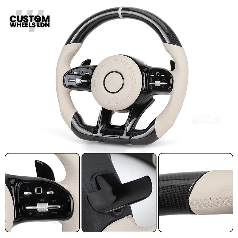 Mercedes Custom Steering Wheel | Piano Black & Carbon Fibre with Full Cream Leather | AMG Style | Complete Retrofit | Fits W205 W204 W212 W213 W218 + more