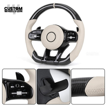 Mercedes Custom Steering Wheel | Piano Black & Carbon Fibre with Full Cream Leather | AMG Style | Complete Retrofit | Fits W205 W204 W212 W213 W218 + more