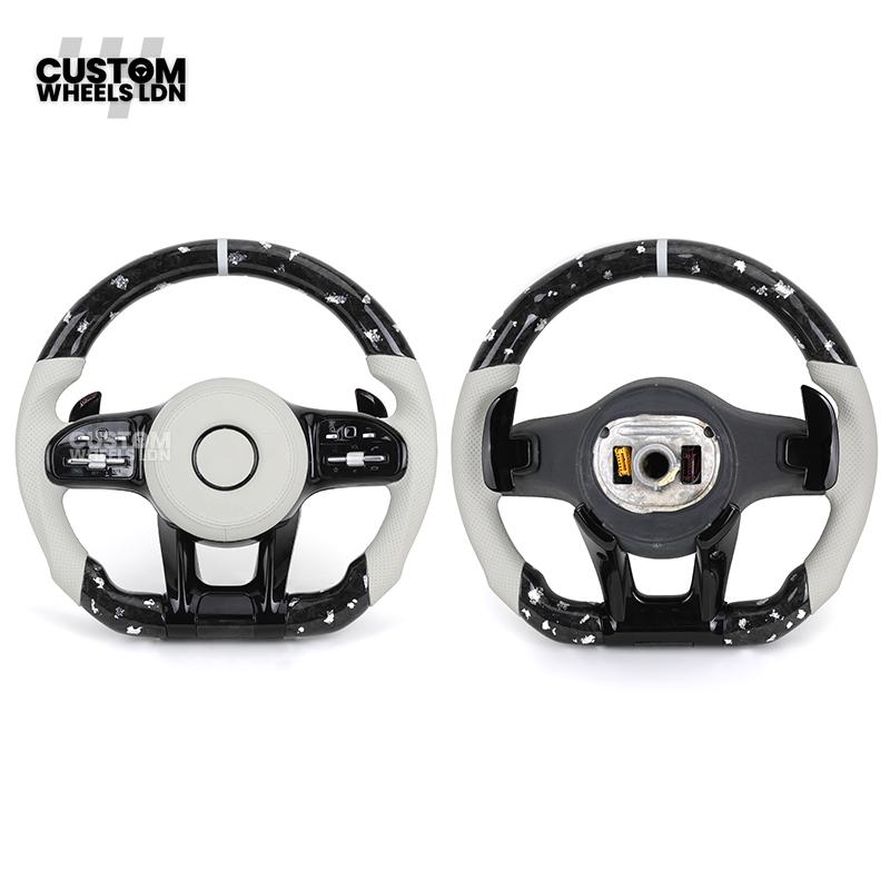 Mercedes Custom AMG Flat Bottom Steering Wheel – White Leather & White Flake Forged Carbon, White Stripe, Black Trim, Touch Control Buttons, AMG Badge | Fits C-Class, E-Class, CLS, GLC, GLE, G-Class + more | Plug & Play | Retrofit Upgrade for Older Models