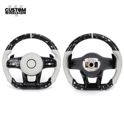 Mercedes Custom AMG Flat Bottom Steering Wheel – White Leather & White Flake Forged Carbon, White Stripe, Black Trim, Touch Control Buttons, AMG Badge | Fits C-Class, E-Class, CLS, GLC, GLE, G-Class + more | Plug & Play | Retrofit Upgrade for Older Models