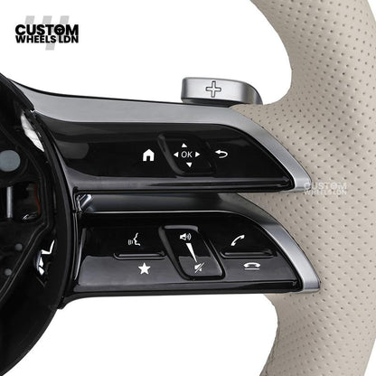Mercedes Custom W223 Flat Bottom Steering Wheel – Beige Leather, Gloss Black Trim, Touch Control Buttons | Fits S-Class W223, GLE, GLS, E-Class W213 Facelift + more | Plug & Play | With Airbag | Retrofit Upgrade for Older Models Available