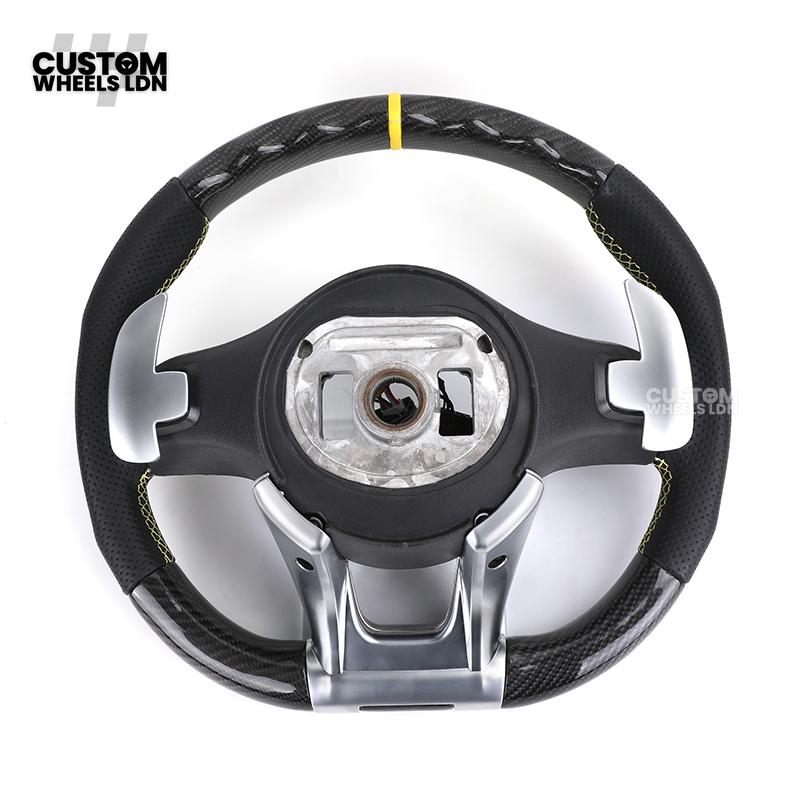 Mercedes Custom AMG Steering Wheel Carbon & Black Leather | Yellow Racing Stripe | AMG Style | Paddle Shifters | Complete Retrofit | Fits A-Class, C-Class, E-Class, GLC, CLA, W176, W205 + more