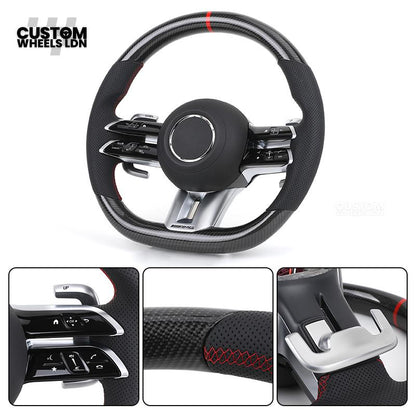 Mercedes Custom W223 AMG Flat Bottom Steering Wheel – Carbon Top & Bottom, Red Center Stripe, Perforated Grips, Silver Paddles, Touch Control Buttons | Fits C63, E63, S63, GLE, GLS, W223 + more | Plug & Play | With Airbag | Retrofit Upgrade for Older Mode