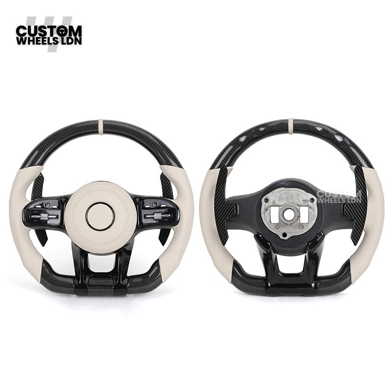 Mercedes Custom Steering Wheel | Piano Black & Carbon Fibre with Cream Leather & Beige Stripe | AMG Style | Complete Retrofit | Fits W205 W204 W212 W213 W218 + more