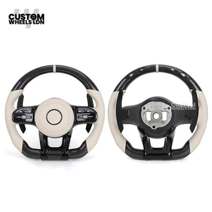 Mercedes Custom Steering Wheel | Piano Black & Carbon Fibre with Cream Leather & Beige Stripe | AMG Style | Complete Retrofit | Fits W205 W204 W212 W213 W218 + more