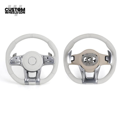 Mercedes Custom AMG Flat Bottom Steering Wheel – White Leather, Perforated Sides, Silver AMG Trim, Touch Buttons & Silver Paddles | Fits W205 C-Class, W213 E-Class, GLC, GLE, CLS + more | Plug & Play |  Airbag | Retrofit Upgrade for Older Model Available