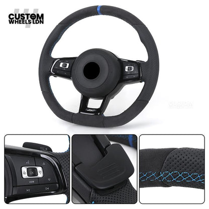 Volkswagen Custom Steering Wheel – Alcantara & Perforated Leather, Blue Centre Stripe, Flat Bottom, OEM Buttons | Fits Golf GTI, R, Polo, Passat + more | Plug & Play Retrofit Upgrade