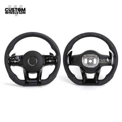Mercedes Custom AMG Flat Bottom Steering Wheel – Black Leather, Smooth Top & Bottom, Piano Black Trim, Touch Control Buttons, AMG Badge | Fits C-Class, E-Class, CLS, GLC, GLE, G-Class + more | Plug & Play | Retrofit Upgrade for Older Models