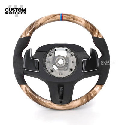 BMW Custom G-Series Steering Wheel – Gloss Wood Carbon, Flat Bottom, Alcantara Airbag – Fits G20 G21 G22 G30 G15 G05 G07 + more