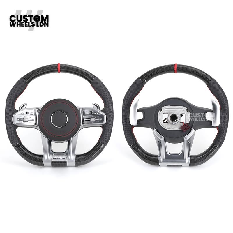 Mercedes Custom Steering Wheel | AMG Style Carbon & Leather | Red Stitching & Center Stripe | Complete Retrofit for Older Models | Fits W204 W212 W218 + more