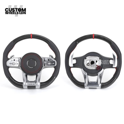 Mercedes Custom Steering Wheel | AMG Style Carbon & Leather | Red Stitching & Center Stripe | Complete Retrofit for Older Models | Fits W204 W212 W218 + more