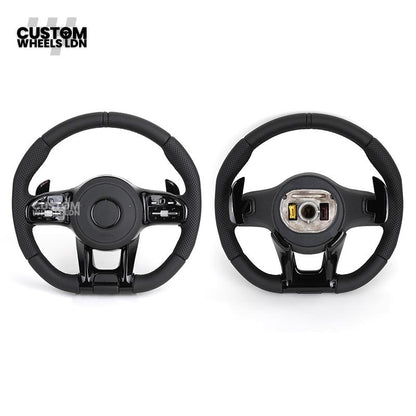 rcedes Custom AMG Flat Bottom Steering Wheel – Full Black Leather, Piano Black Trim, Touch Control Buttons, AMG Badge | Fits C-Class, E-Class, CLS, GLC, GLE, G-Class + more | Plug & Play | Retrofit Upgrade for Older Models