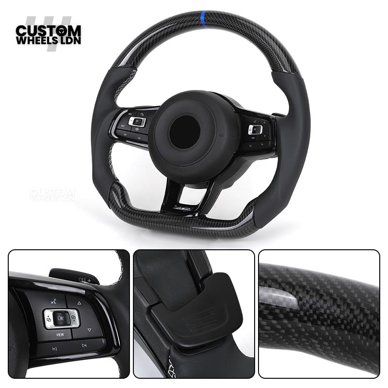 Volkswagen MK7 Custom Steering Wheel – Blue Center Stripe | Carbon Fibre & Leather | Plug & Play | Complete Steering Wheel | Fits Golf MK7 / MK6 GTI, R + more