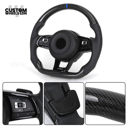 Volkswagen MK7 Custom Steering Wheel – Blue Center Stripe | Carbon Fibre & Leather | Plug & Play | Complete Steering Wheel | Fits Golf MK7 / MK6 GTI, R + more