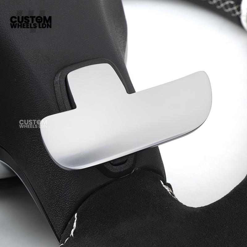 Mercedes Custom AMG Flat Bottom Steering Wheel – Black Leather & Alcantara, White Stripe, Silver Trim, Touch Control Buttons, Silver Paddles | Fits C-Class, E-Class, CLS, GLC, GLE, G-Class + more | Plug & Play | Retrofit Upgrade for Older Models