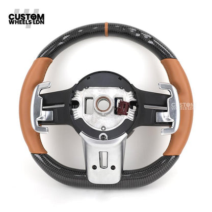 Mercedes Custom AMG Flat Bottom Steering Wheel – Brown Leather & Carbon Fibre, Tan Centre Stripe, Gloss Black Trim, Touch Control Buttons, Silver Paddles | Fits C-Class, E-Class, CLS, GLC, GLE, G-Class + more | Plug & Play | With Airbag | Retrofit Upgrade