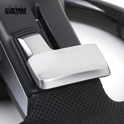 Mercedes Custom W223 AMG Flat Bottom Steering Wheel – Carbon Top & Bottom, Perforated Leather Grip, Gloss Black Trim, Touch Control Buttons | Fits C63, E63, S63, GLE, GLS, S-Class W223 + more | Plug & Play | With Airbag | Retrofit Upgrade for Older Models