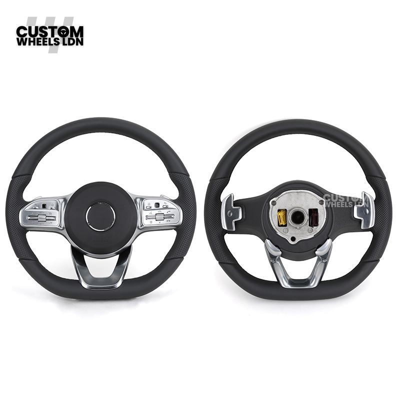Mercedes Custom Steering Wheel – Satin Silver Spokes, Perforated Leather Grip, Flat Bottom Design | Complete Wheel with Airbag | Plug & Play | Retrofit for Older Models | Fits C-Class, E-Class, GLC, W205, W213, CLA + more