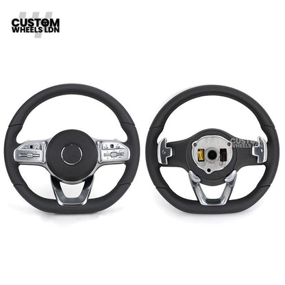 Mercedes Custom Steering Wheel – Satin Silver Spokes, Perforated Leather Grip, Flat Bottom Design | Complete Wheel with Airbag | Plug & Play | Retrofit for Older Models | Fits C-Class, E-Class, GLC, W205, W213, CLA + more