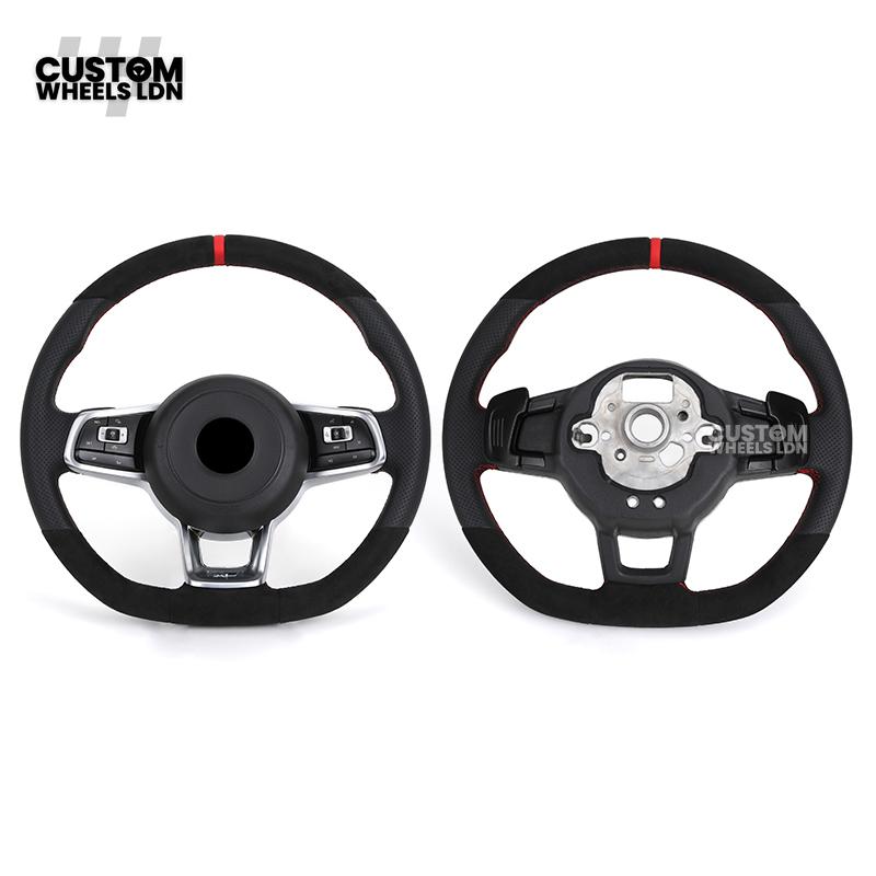 Volkswagen Custom Steering Wheel – Alcantara Top & Bottom, Perforated Leather Grips, Red Stripe, Flat Bottom, OEM Buttons | Fits Golf MK7/7.5, GTI, R, Polo + more | Plug & Play Upgrade