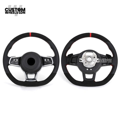 Volkswagen Custom Steering Wheel – Alcantara Top & Bottom, Perforated Leather Grips, Red Stripe, Flat Bottom, OEM Buttons | Fits Golf MK7/7.5, GTI, R, Polo + more | Plug & Play Upgrade