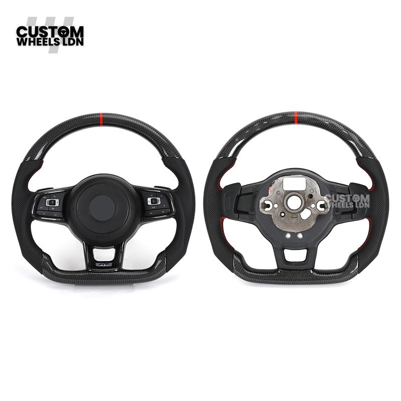 Volkswagen MK7 Custom Steering Wheel – Carbon Fibre with Red Centre Stripe, Perforated Leather Grips | Fits Golf GTI, R, Scirocco + more | Plug & Play