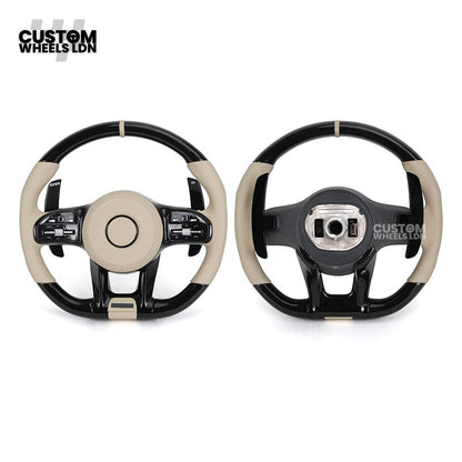 Mercedes Custom Steering Wheel | AMG Style Piano Black with Beige Leather & Stripe | Silver Paddles | Complete Retrofit for Older Models | Fits W205 W204 W212 W213 W218 W207 + more