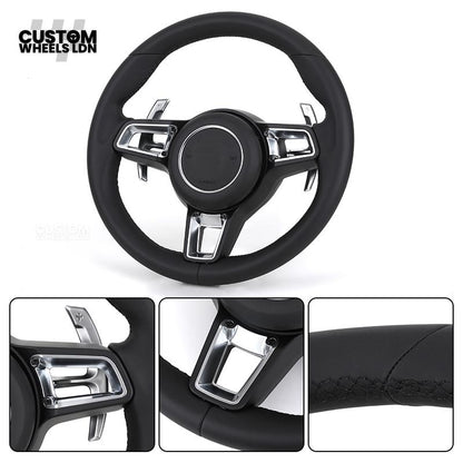 Porsche Custom Steering Wheel – Black Leather with Chrome Trim | Fits 997, 991, Panamera, Cayenne, Cayman (2000+ Plug & Play)