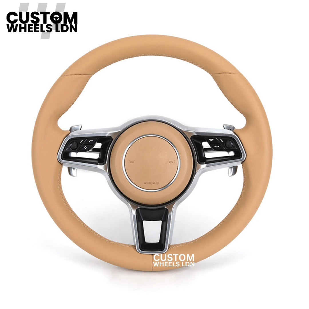 Porsche Custom Beige Full Leather Steering Wheel - Fits Most Models: 911, Cayenne, Panamera, Macan, Boxter, Taycan & More