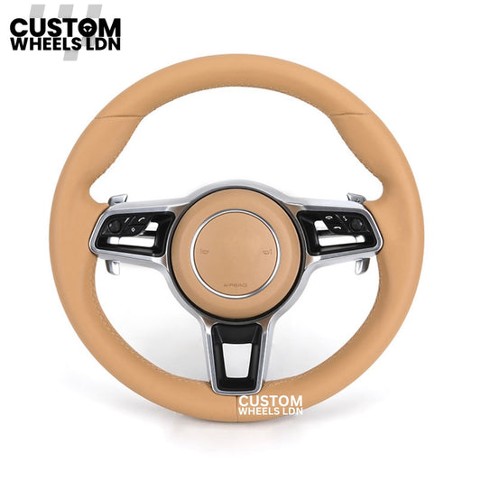 Porsche Custom Beige Full Leather Steering Wheel - Fits Most Models: 911, Cayenne, Panamera, Macan, Boxter, Taycan & More