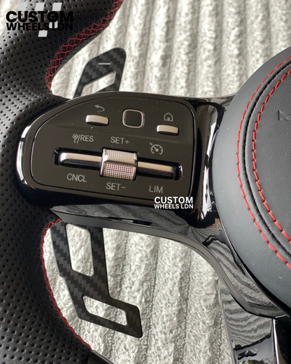 Mercedes Custom AMG Flat Bottom Steering Wheel – Forged Carbon & Black Leather, Red Stitching, LED Display, Touch Buttons, AMG Badge, Carbon Paddles | Fits C-Class, E-Class, CLS, GLC, GLE, G-Class + more | Plug & Play | Retrofit Upgrade for Older Models