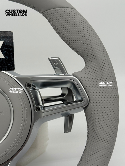 Porsche Custom OEM Round Steering Wheel – Full Grey Leather, Perforated Grips, Silver Trims, OEM Paddles | Fits 997.1, 997.2, 991.1, 981, 718 Cayman/Boxster, Panamera, Cayenne + more | Plug & Play | Upgrade for Older Models Available