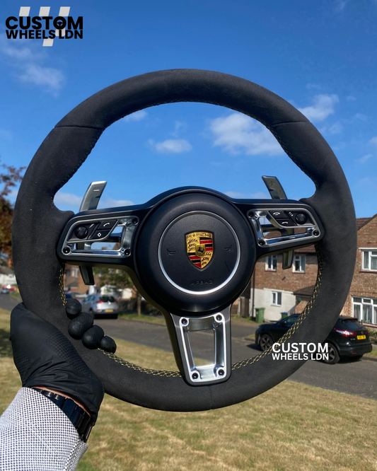 Porsche Custom Steering Wheel – Alcantara, Yellow Stitching – Fits 2000+ Models (PDK/Tiptronic)