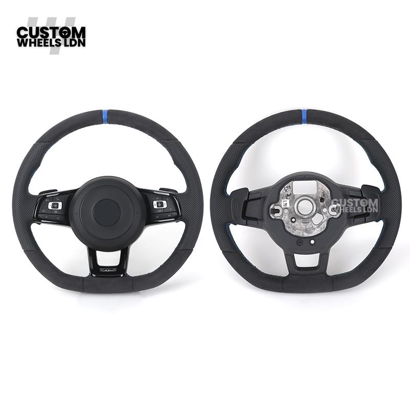 Volkswagen Custom Steering Wheel – Alcantara & Perforated Leather, Blue Centre Stripe, Flat Bottom, OEM Buttons | Fits Golf GTI, R, Polo, Passat + more | Plug & Play Retrofit Upgrade