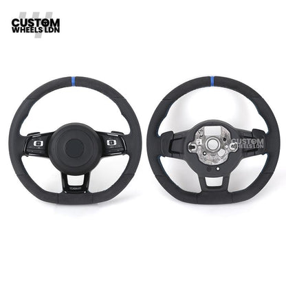 Volkswagen Custom Steering Wheel – Alcantara & Perforated Leather, Blue Centre Stripe, Flat Bottom, OEM Buttons | Fits Golf GTI, R, Polo, Passat + more | Plug & Play Retrofit Upgrade