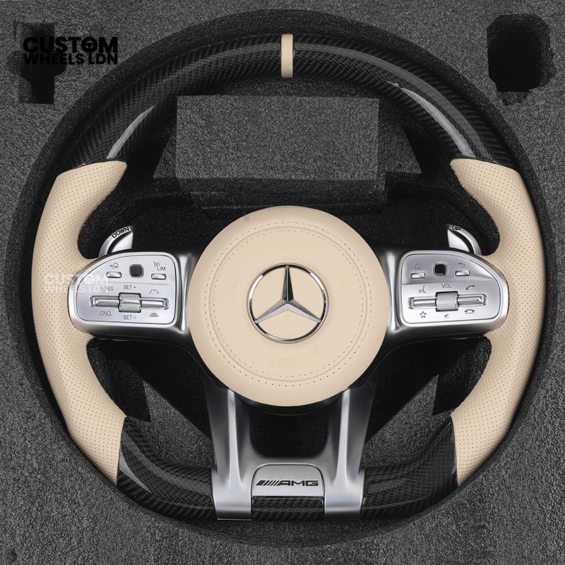 Mercedes Custom Steering Wheel | AMG Style Carbon Fibre with Beige Leather & Stripe | Silver Paddles | Complete Retrofit for Older Models | Fits W205 W204 W212 W213 W218 W207 + more