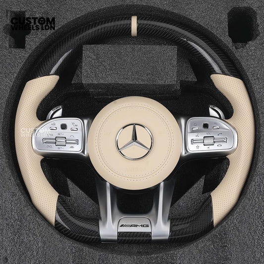 Mercedes Custom Steering Wheel | AMG Style Carbon Fibre with Beige Leather & Stripe | Silver Paddles | Complete Retrofit for Older Models | Fits W205 W204 W212 W213 W218 W207 + more