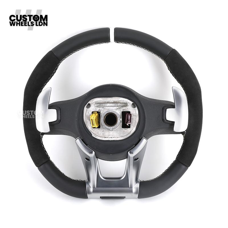 Mercedes Custom AMG Flat Bottom Steering Wheel – Black Leather & Alcantara, White Stripe, Silver Trim, Touch Control Buttons, Silver Paddles | Fits C-Class, E-Class, CLS, GLC, GLE, G-Class + more | Plug & Play | Retrofit Upgrade for Older Models