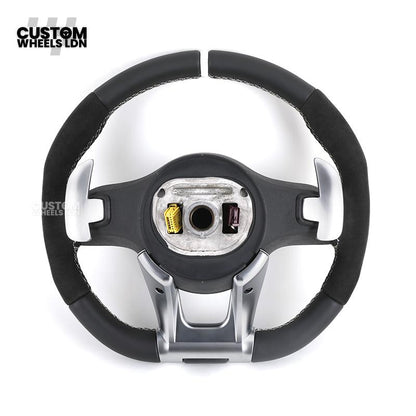 Mercedes Custom AMG Flat Bottom Steering Wheel – Black Leather & Alcantara, White Stripe, Silver Trim, Touch Control Buttons, Silver Paddles | Fits C-Class, E-Class, CLS, GLC, GLE, G-Class + more | Plug & Play | Retrofit Upgrade for Older Models