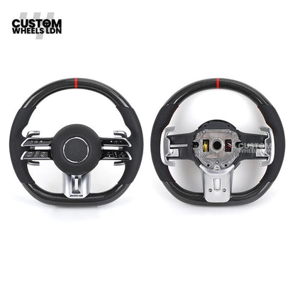Mercedes Custom W223 AMG Flat Bottom Steering Wheel – Carbon Top & Bottom, Red Center Stripe, Perforated Grips, Silver Paddles, Touch Control Buttons | Fits C63, E63, S63, GLE, GLS, W223 + more | Plug & Play | With Airbag | Retrofit Upgrade for Older Mode