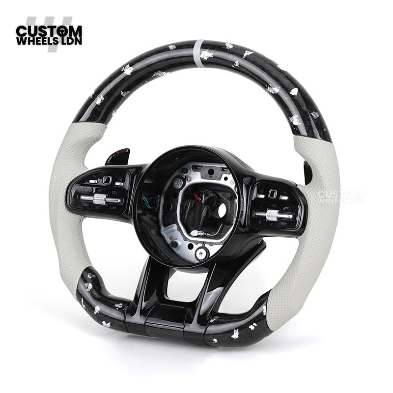 Mercedes Custom AMG Flat Bottom Steering Wheel – White Leather & White Flake Forged Carbon, White Stripe, Black Trim, Touch Control Buttons, AMG Badge | Fits C-Class, E-Class, CLS, GLC, GLE, G-Class + more | Plug & Play | Retrofit Upgrade for Older Models