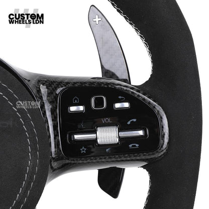 Mercedes Custom AMG Steering Wheel Flat Bottom Alcantara + Carbon Fiber | Red Stitching & Marker | Complete Retrofit | Fits G-Class, C-Class, E-Class, CLA, GLC, GLS, W205, W213 + more