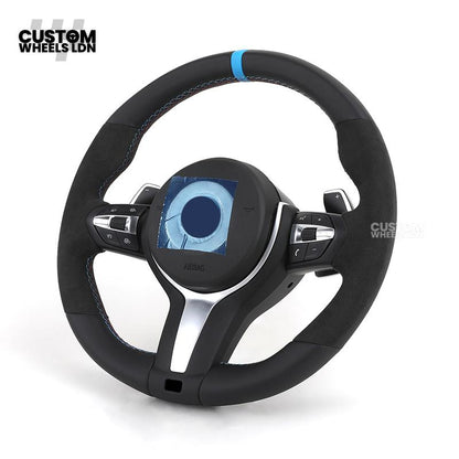 BMW Custom Flat Bottom Steering Wheel – Smooth Leather & Alcantara with Blue Center Stripe | Fits F20 F22 F30 F32 F36 F10 F06 F13 X1 X3 X4 X5 X6 + More