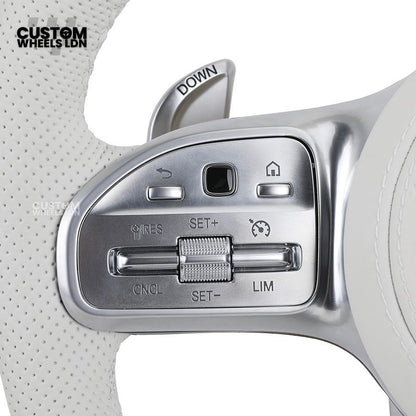 Mercedes Custom AMG Flat Bottom Steering Wheel – White Leather, Perforated Sides, Silver AMG Trim, Touch Buttons & Silver Paddles | Fits W205 C-Class, W213 E-Class, GLC, GLE, CLS + more | Plug & Play |  Airbag | Retrofit Upgrade for Older Model Available