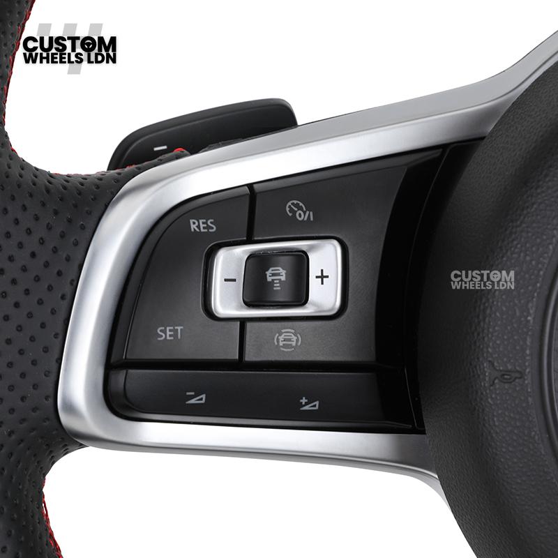 Volkswagen Custom Steering Wheel – Alcantara Top & Bottom, Perforated Leather Grips, Red Stripe, Flat Bottom, OEM Buttons | Fits Golf MK7/7.5, GTI, R, Polo + more | Plug & Play Upgrade