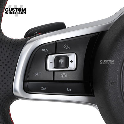 Volkswagen Custom Steering Wheel – Alcantara Top & Bottom, Perforated Leather Grips, Red Stripe, Flat Bottom, OEM Buttons | Fits Golf MK7/7.5, GTI, R, Polo + more | Plug & Play Upgrade